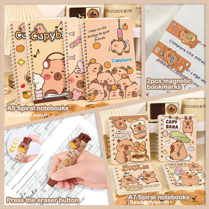DHUENIOPE Capybara Gifts with Capybara Themed Tote Bag and Stationery Set Pencil Case Sticky Notes Ballpoint Pens Spiral Notebooks Sharpener, Highlighters, Ruler, Eraser for Rewards Birthdays Gift