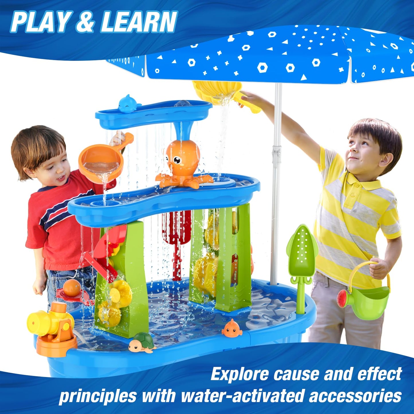 HYES Water Table for Toddlers 3-5, 3-Tier Kids Splash Sand Table Water Toys with Umbrella, Rain Showers Splash Pond for Outdoor Beach Backyard Summer, Activity Sensory Playset for Boys Girls, Blue