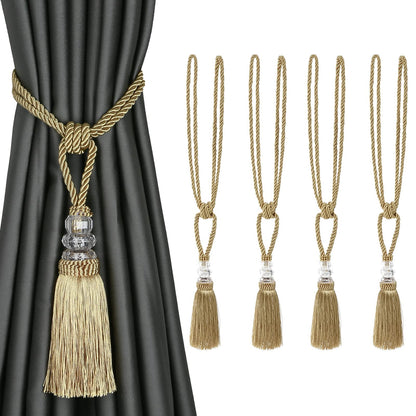 BEL AVENIR 4 Pack Curtain Hand-Woven Tiebacks Crystal Holdbacks Home Decorative Tassels (Golden, 4 Pack)