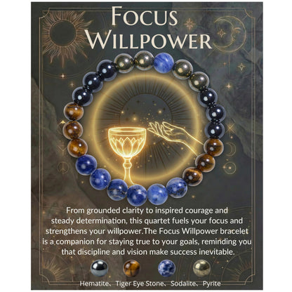 Bivei Focus Willpower Bracelet, Strength Crystal Healing Bracelet 8MM with Hematite & Tiger Eye & Sodalite & Pyrite - Spiritual Stretch Beaded Jewelry for Women Men Gift