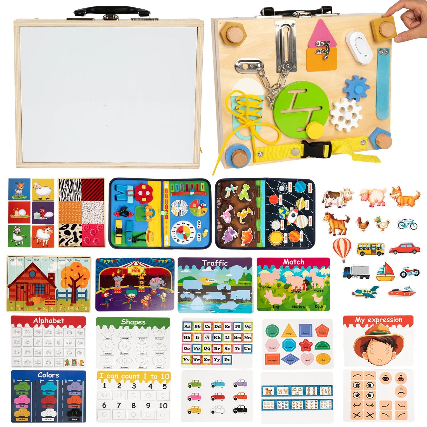 Adena Montessori Busy Board Box for Toddlers 2-4, 6 in 1 Montessori Toys for 1 Year Old with Drawing Board, Quiet Book, Puzzles, Sensory Toys for Fine Motor Skills, Learning Toys for Travel
