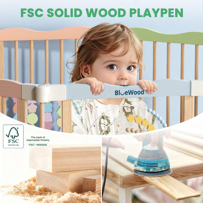 Foldable Wooden Baby Playpen - Adjustable Wood Play Yard, Indoor Large Safety Fence for Babies and Toddlers - No Door Design, 45 x 45 x 24 inches, Pastel Dream