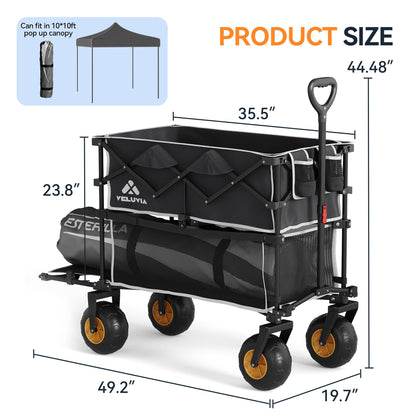 VELUVIA Double Decker Beach Wagon - 500LBS Heavy Duty Beach Cart with 9" Big Balloon Wheels for Sand, All Terrain Sports Wagon Foldable for Family Camping, Fishing, Garden, Outdoor Use, Black