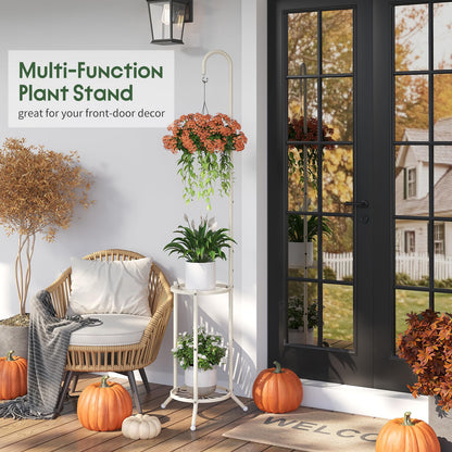WELUKGUUD 2-Tier Hanging Plant Stand Indoor and Outdoor , Space-Saving Iron Planter Shelves, Multiple Flower Pot Display Holder Shelf with Hanging Hook, Corner Plant Stands (White)