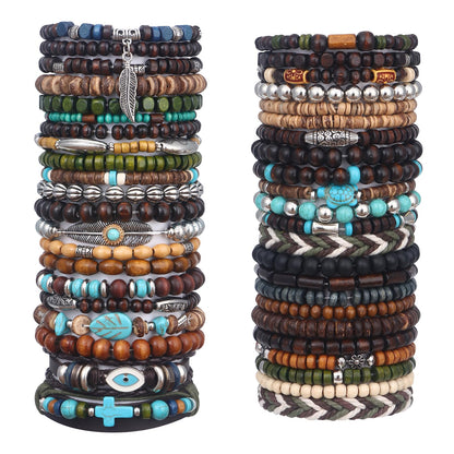 Giovanchi 44 PCS Beaded Bracelets for Mens Larger Size Women Adjustable Boho Punk Braided Wooden Bead Bracelet Bulk Wood Bangles Wristbands Meaningful Jewelry Gift
