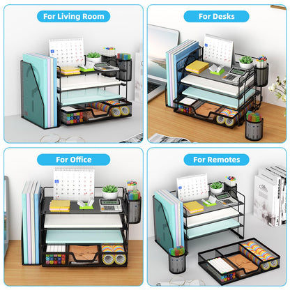Marbrasse Desk Organizer and Accessories，4-Tier Paper Letter Tray Organizer with File Holder, Desk Accessories & Workspace Organizers with Drawer and 2 Pen Holder (Black, 15.4" x 9.1" x 8.3")