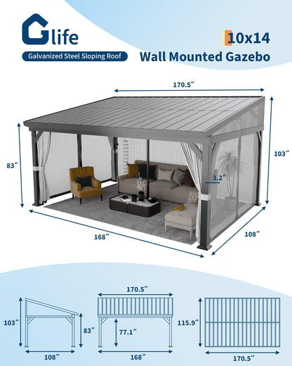 10X14 ft Wall Mounted Lean to Gazebo with Gutters System & Sliding Netting, Aluminum Frame, Connectable Wall Mounted Gazebo Pergola with Sloping Galvanized Steel Roof for Patio, Garden, Grey