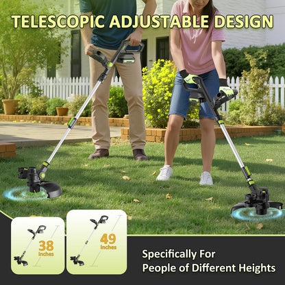 20V Cordless String Trimmer, Two 2.0Ah Battery Powered with Fast Charger, 12'' Grass Cutter with Auto Line Feed, 3-in-1 Electric Lawn Mower Grass Trimmer&Edger Lawn Tool with 8 Lines for Yard, Garden