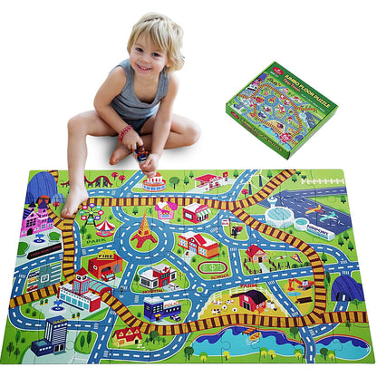 Beeqoo City Adventure Giant Floor Puzzle for Kids Ages 3-8 - 60 Piece Large Piece Puzzles- Town Map with Race Tracks & Train Tracks - Storytelling Educational Preschool Toy for Toddlers Ages 3+