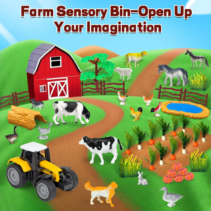 Bloolilies Sensory Bin, 59 Pcs Farm Sensory Sand Box Kits with Sandbox & Farm Animals & Tractor Playset, Play Sand Art Kit Magic Sand Toys for Boys Girls Toddlers Birthday Gift for Kids