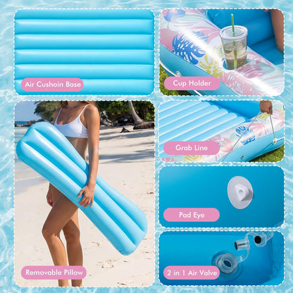 Tanning Pool Lounger Float, OKSUWATER 87" x 63" Pool Floats Adult with Headrest & Drink Holder, Blow-Up Bed Sun Tan Tub for Sunbathing, Beach, Backyard, Outdoor, Summer Water Party (Blue-XL)