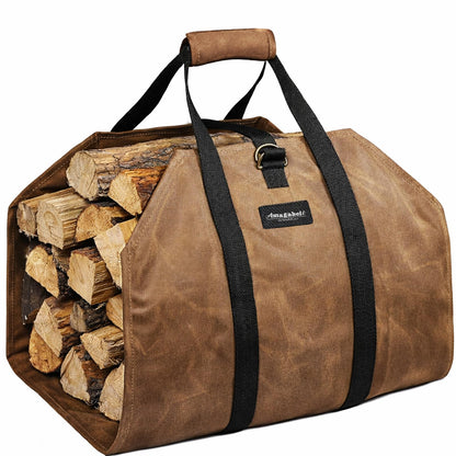 AMAGABELI GARDEN & HOME Firewood Carrier Waxed Canvas Firewood Bag Heavy Duty Large Fireplace Carrier Durable Log Tote Fire Wood Carring Bag with Handle Wood Sling Holder Cabin Stove Accessories Brown