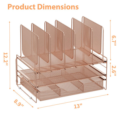 LEKETREE Rose Gold Desk Organizer, Office Organization with Vertical File Holder, File Organizer with Drawer and Office Supplies, Desk Accessories and Workspace Organizers (Rose Gold)