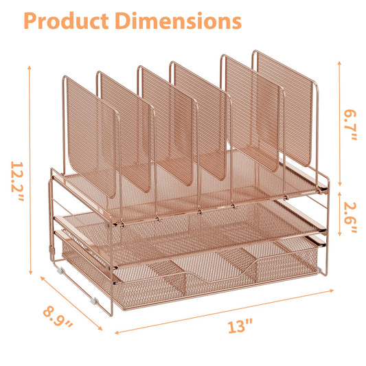 LEKETREE Rose Gold Desk Organizer, Office Organization with Vertical File Holder, File Organizer with Drawer and Office Supplies, Desk Accessories and Workspace Organizers (Rose Gold)