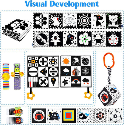 FELSOOGRE 7 Pcs Black and White High Contrast Baby Toys for Newborn, Tummy Time Toys Montessori Toy for Babies 0-6 Months, Sensory Newborn Infant Toy Soft Book for 0-3 3-6 6-12 Months Boys Girls