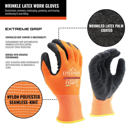 linconson 12 Pack Safety Performance Series Construction Mechanics Wrinkle Latex Work Gloves
