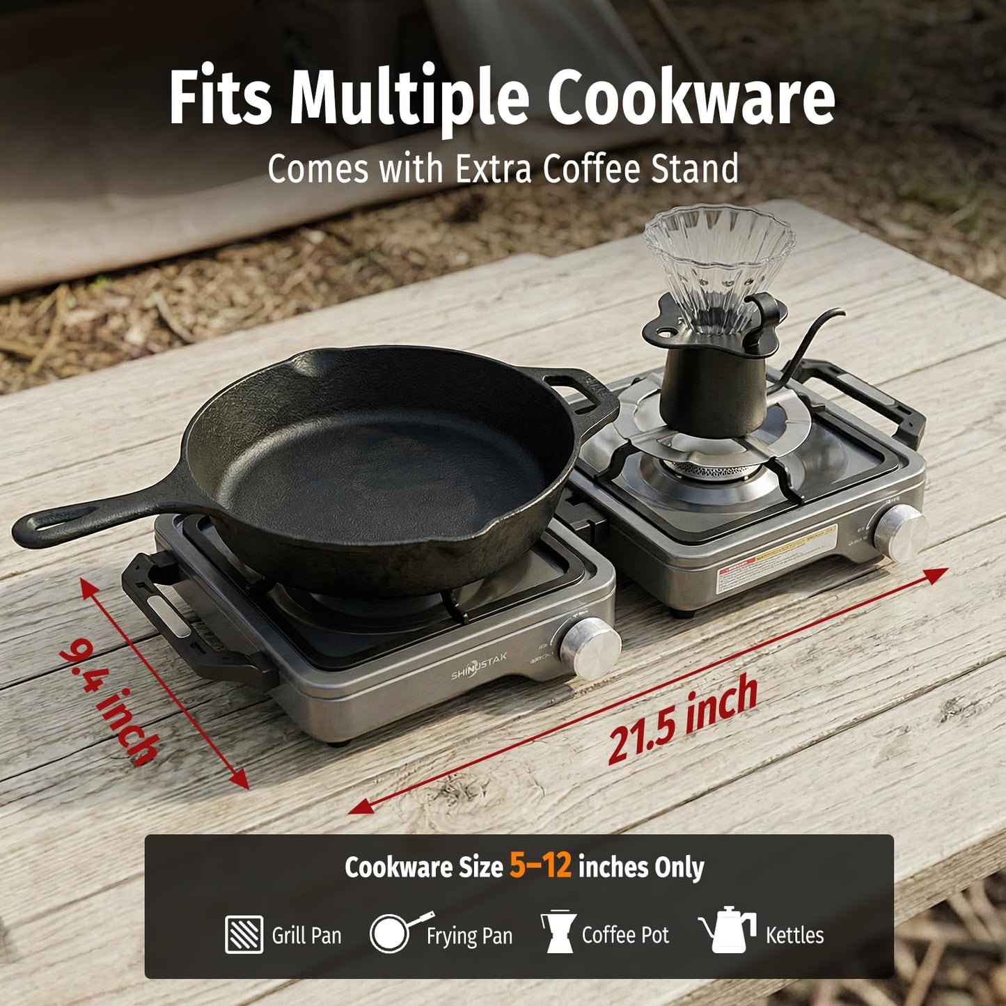 SHINESTAR 2 Burner Camping Stove, 24000 BTU Portable Propane Camp Stove with Brass Burner, Foldable Gas Stove with Windshield & Coffee Stand, Camping Essentials for Outdoor Cooking, or Emergencies