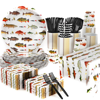 141Pcs Fishing Happy Birthday Party Decorations Fishman Birthday Plates and Napkins Forks Cups Cutlery Tablecloch Supplies Serve 20 Fishing Themed Party Tableware Set Decorations for Baby Shower Decor
