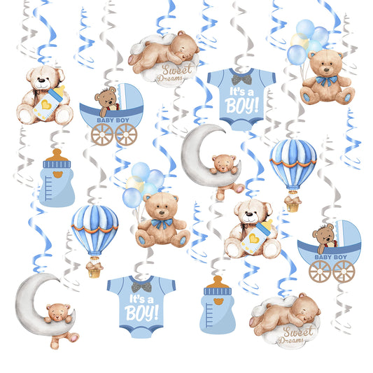 Baby Shower Bear Ceiling Swirls(30Pcs Fully-Assembled), It's A Boy Baby Shower Party Supplies Double Side Cute Swirls Birthday Party Decorations, Baby Shower Favor Supplies Decor Gender Reveal Prop