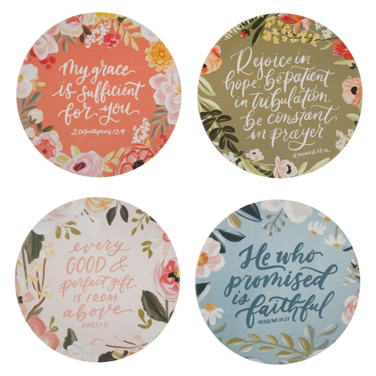 Christian Art Gifts Four Piece Decorative Inspirational Scripture Coaster Set for Women:Encouraging Bibles & Floral Patterns, Sturdy, Water-Resistant, Cork Bottom, Multicolor