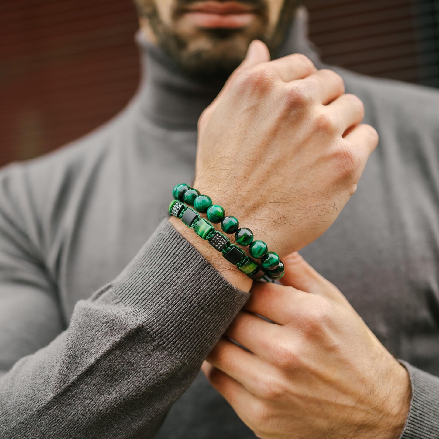 2 PIECE SET - Men's Beaded Bracelet And Flatbead Bracelet | Gift for Men | One Size Fits All | Used for Its Grounding Effects | 100% Natural | Adjustable Bracelet for Men with Gemstones (Green)