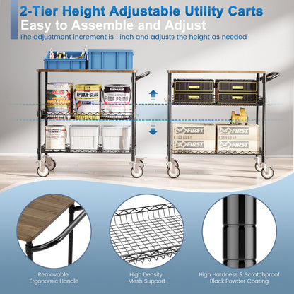 Leteuke Rolling Kitchen Carts with Wheels, 34" L x 17.5" W, 3-Tier Heavy Duty Utility Cart with Wood Tabletop, NSF Commercial Metal Serving Cart with Handle and Shelf Liner for Kitchen, Black