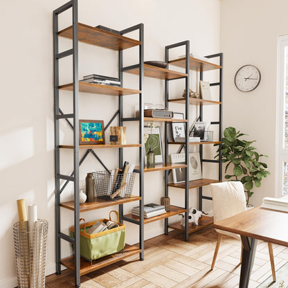 SUPERJARE Triple Bookshelf, Bookcase with 14 Open Display Shelves, Wide Book Shelf Book Case for Home & Office, 5 Tier, Brown