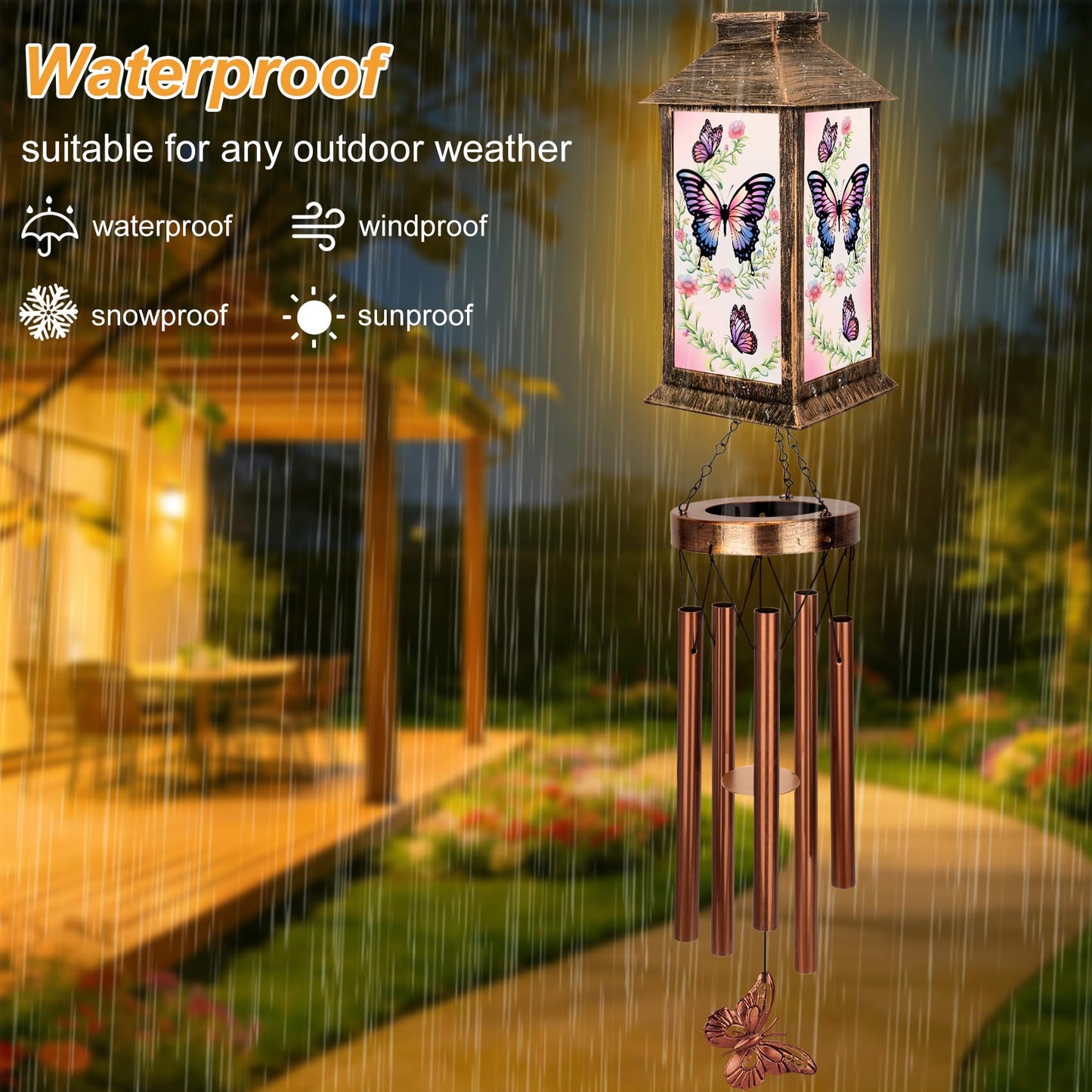 YHmall Wind Chimes for Outside, 37" Hanging Solar Windchimes Outdoors Memorial Butterfly Gifts for Women Mom Grandma, Solar Lanterns Wind Chimes for Home Patio Yard Garden Decor