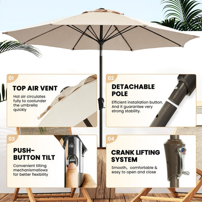 Ayge 9FT Large Outdoor Patio Umbrella Market Table Umbrella-UV Resistant, Easy Push Button Tilt and Crank, 8 Sturdy Fiberglass Ribs Heavy-Duty Pool Umbrella for Deck, Backyard,Garden,Beige