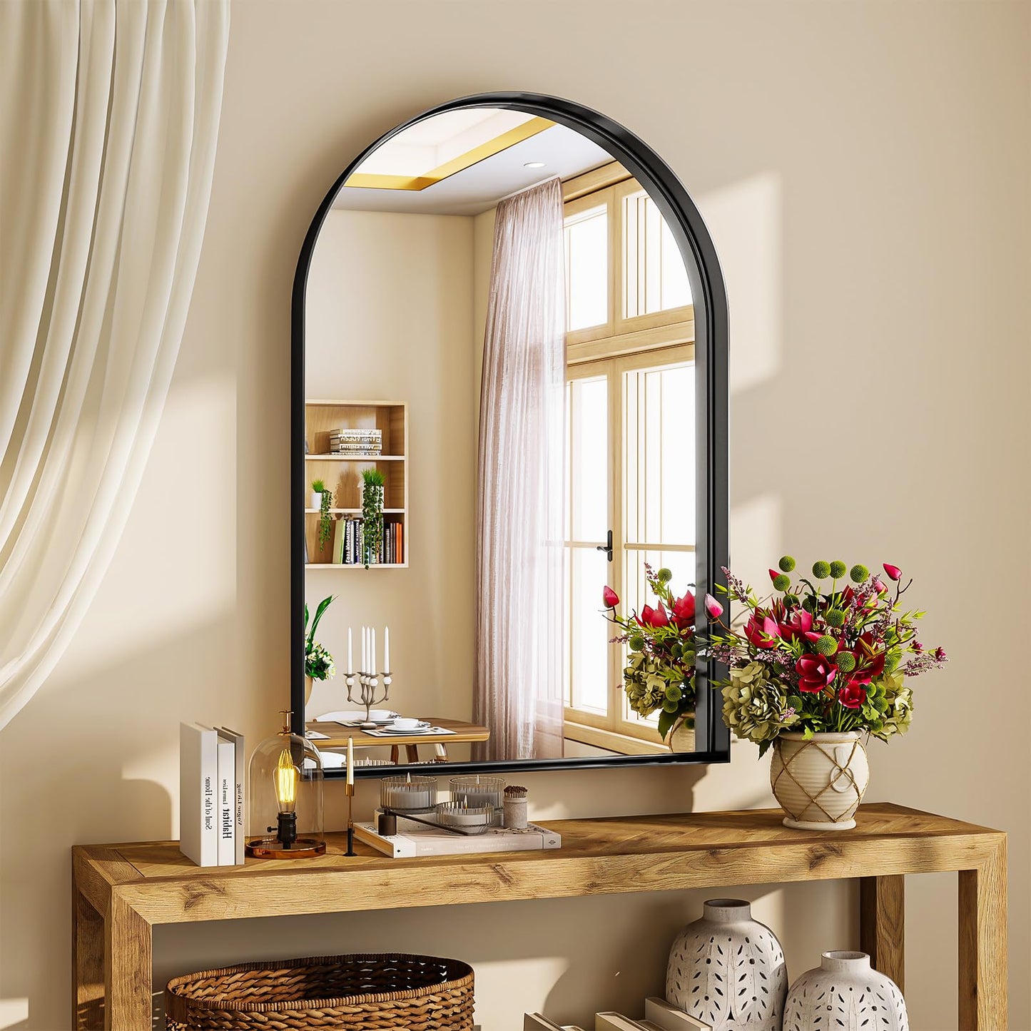 Riskioir 24" x 36" Luxury Arched Bathroom Mirror - Arch Wall Mirror with Shatterproof Tempered Glass and Metal Deep Frame, Hanging or Leaning for Living Room, Dresser, Entrance and Hallway, Black
