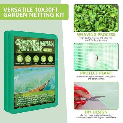 Garden Netting Kit for Raised Beds, 10x30FT Green Ultra Fine Mesh Netting ＆6 Sets of 8FT Garden Hoops, Insect Netting Row Cover Net Protect Plants Vegetable Fruits Flowers
