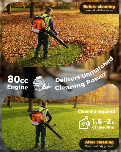 Getell 80cc Gas Backpack Leaf Blower, 900CFM 206MPH 2-Stroke Engine, Heavy-Duty Leaf & Snow Blower for Lawn, Garden & Commercial Use (Orange)