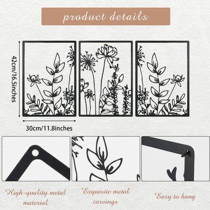 Therwen 3 Pcs Black Metal Wall Art Minimalist Wall Decor for Bedroom Flowers Decor Hanging Flower Bathroom Art Flower Line Sculpture Kitchen Decoration 16.5 x 9.8 Inch(Cute Style)