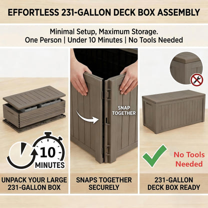 Large 231 Gallon Resin Deck Box, Heavy Duty Lockable Patio Storage Box Outdoor, Waterproof Tool Box for Garden Furniture Cushions & Pool Supplies, Wood Grain Outdoor Storage Bench for Backyard