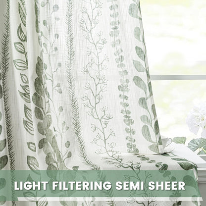 MEETSKY Sage Green Curtains 84 Inches Long 2 Panels Boho Curtains for Living Room Light Filtering Patterned Drapes for Bedroom Linen Style Back Tab Leaf Print Window Treatment, 50” Wide Each Panel