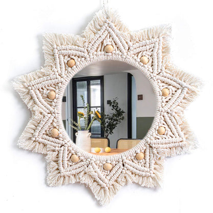 TENEWEE Boho Wall Decor Mirror Macrame Circle Hanging Mirror for Bedroom Living Room Apartment Entryway Home Decor