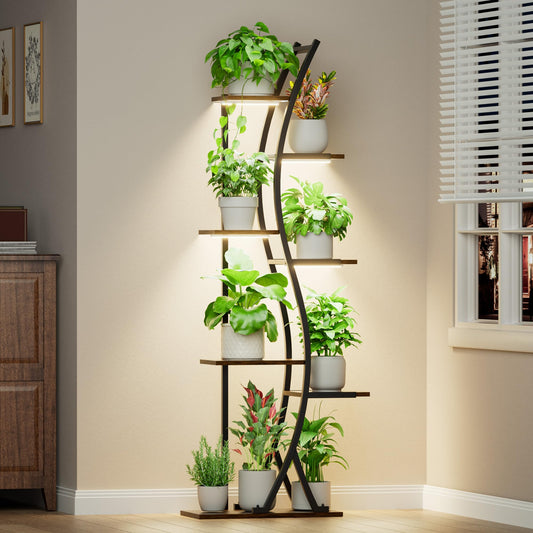 MJOMKN 62" Plant Stand Indoor with Grow Lights - 7 Tiered Tall Metal Plant Shelf - Corner Wooden Plant Stand for Indoor Plants Multiple, Large S-Shape Flower Rack Holder for Living Room, Garden, Patio Decor