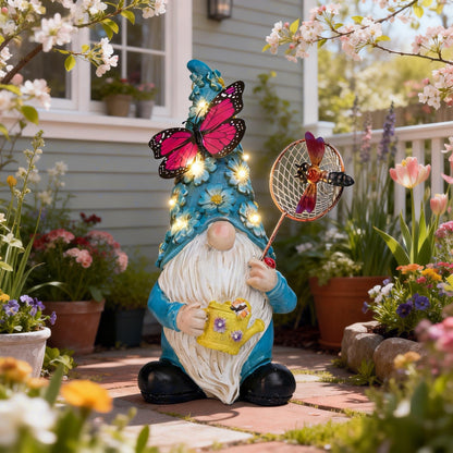 Foreby Garden Gnome Statues Outdoor Decor Solar Gnomes with Butterfly on LED Lighted Flowers, Resin Blue Gnomes Sculpture for Patio Yard Lawn Onament Decoration