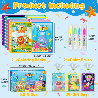 ZMLM 24 Pack Water Coloring Books for Toddlers, Reusable Paint with Water Books with Pen, Mess Free Magic Doodle Party Favors Bulk for Kids Ages 3-8 Boys Girls