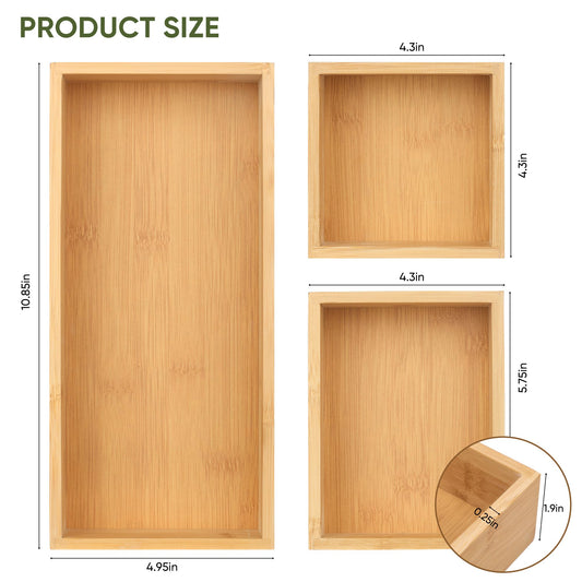 Vincona Bamboo Drawer Organizers Set, 3PCS Multi-Use Wood Storage Organizers, Desk Drawer Tray for Kitchen, Bathroom, Office, Dresser, Bamboo Box Bin for Jewelry, Makeup, Junk, Gadgets