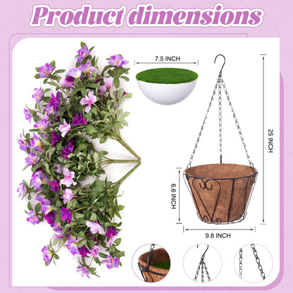 Ammyoo Artificial Hanging Flowers for Outdoors Hanging Baskets, 3 Pcs Fake Silk Flower with Hanging Baskets Planter for Spring Summer Garden Porch Patio Yard Outside Decor