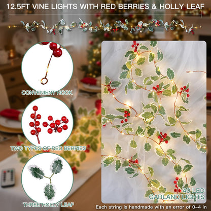 suddus 40 LED Christmas Fairy Lights Battery Powered,12.5ft Vine String Lights with Red Berries & Holly Leaf Timer Remote, Artificial Garlands for Fireplace, Bedroom,Porch,Door,Table,Stairs,Xmas Decor