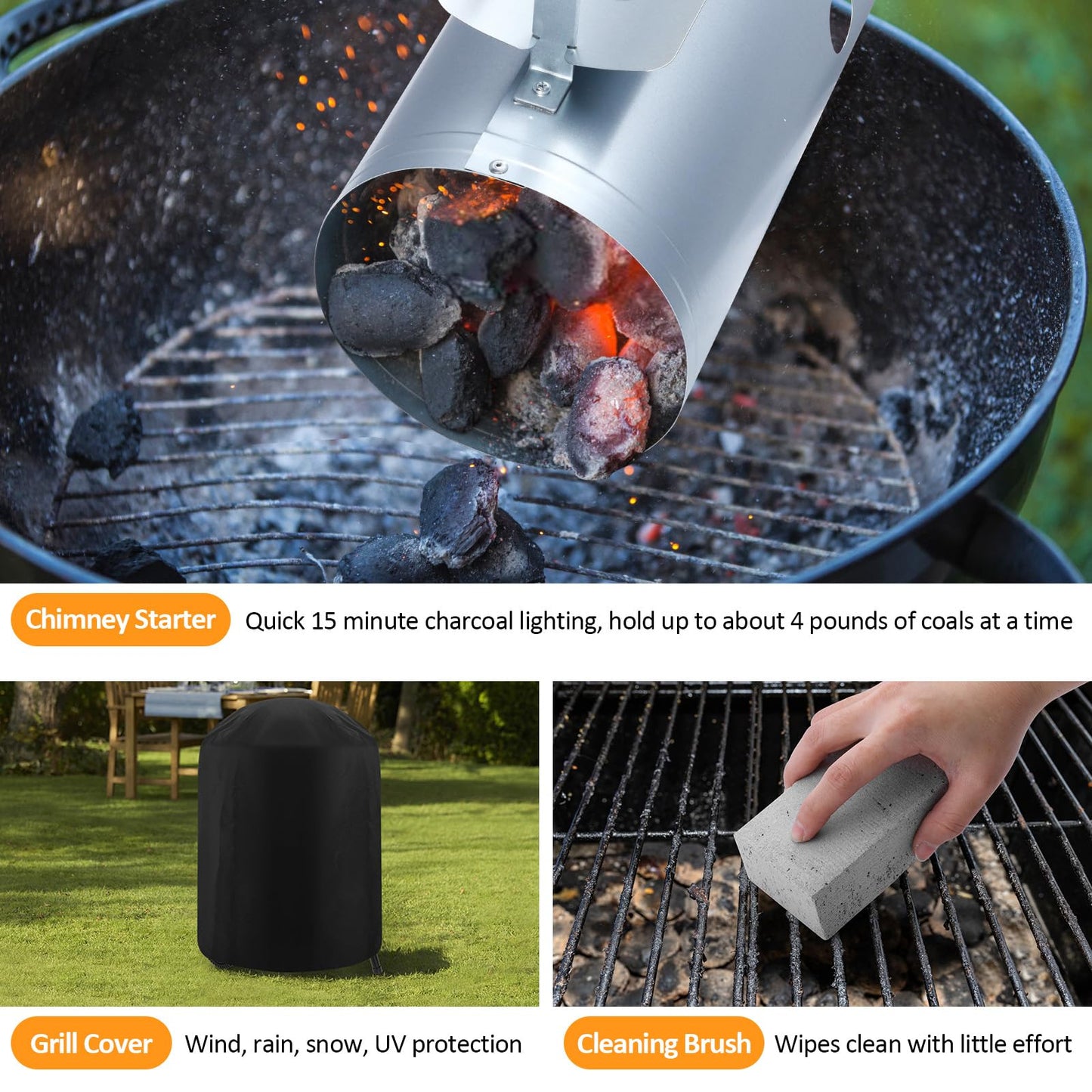 18 inch Kettle Charcoal Grills, Leonyo Portable BBQ Charcoal Grill for Outdoor with Cover & Chimney Starter, Griddle Accessories for Camping, Patio, Backyard Cooking - 254 Sq.in