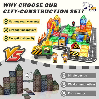 Coodoo Kids Games Magnetic Tiles Road Set with Extendable Magnetic Crane, City Construction Building Toys for Toddlers STEM Preschool Ages 4-6 5-7, Gifts for 3+ Year Old Boys Girls Kids Toys with Car