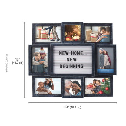 MELANNCO Collage Picture Frame with Letter Board, 8 Opening Photo Display for 4x6 and 4x4 Photos, 19 x 17 Inch Wall Decor with 144 Changeable Letters, Numbers and Symbols, Distressed Black