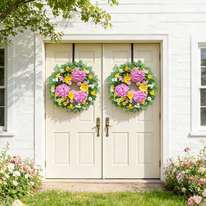 Rimalo 24 Inch Spring Summer Wreaths for Front Door - Summer Wreath with Vibrant Hydrangea, Roses, Daisies and Yellow Berries for Porch, Mantel, Farmhouse Home Decor, Outdoor Artificial Flower Wreath