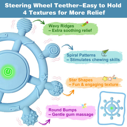 YOFUN 3-Speed Vibrating Baby Teether – Soothing Silicone Teething Toy for Infants 3M+, Food-Grade, USB Rechargeable – Soft & Safe Gum Relief for Babies (Blue)