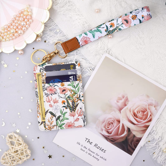 Coco Rossi Slim Front Pocket Wallet RFID ID Card Holder Cute Small Wallet with Wrist Lanyards Key Chain Holder for Women,White Flowers