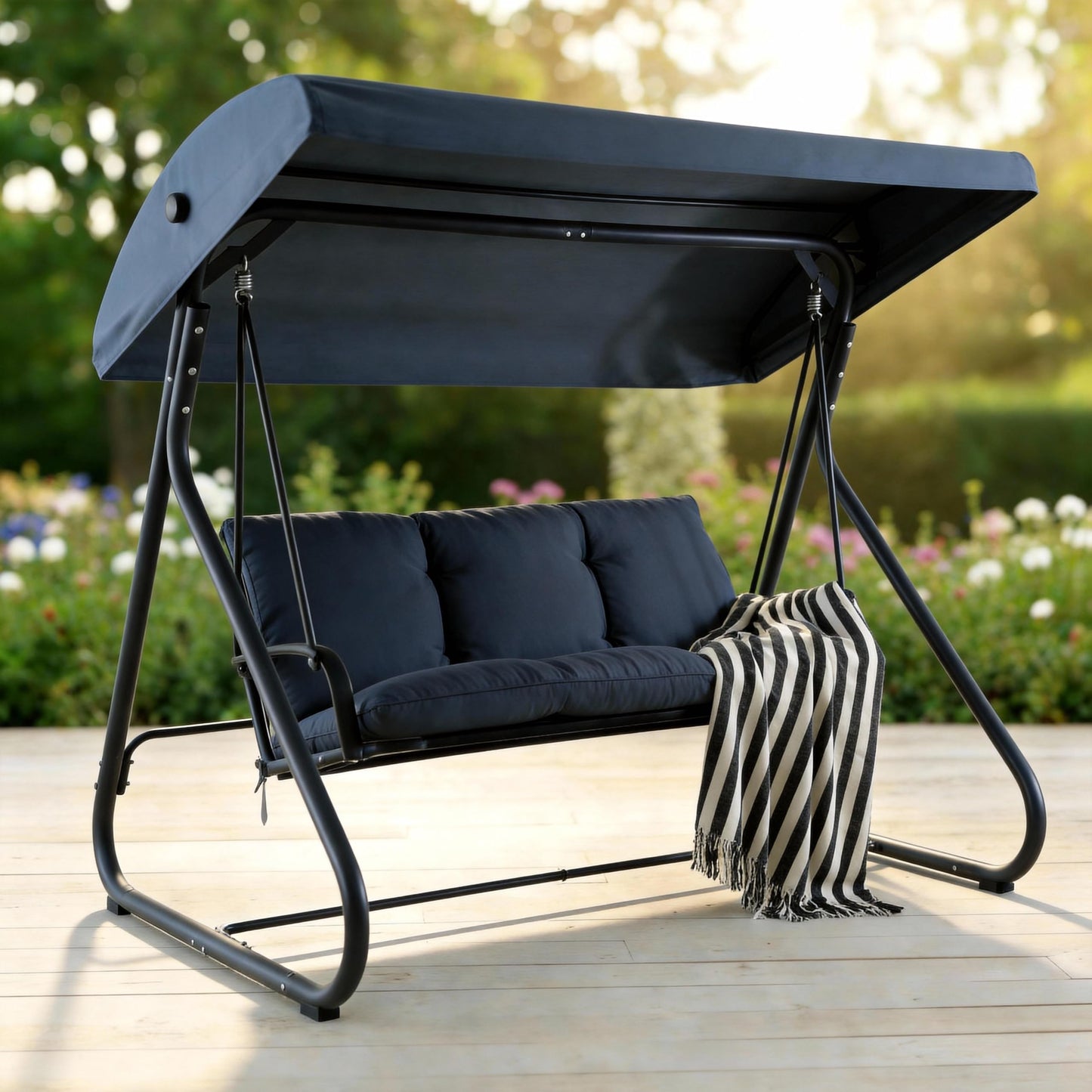 GarveeLife 3-Seat Outdoor Swing Glider with Canopy, Converts to Flat Bed, Adjustable Shade, Removable Cushions, Heavy-Duty Steel Frame, 750 lbs Capacity, for Patio, Backyard, Porch or Garden, Blue