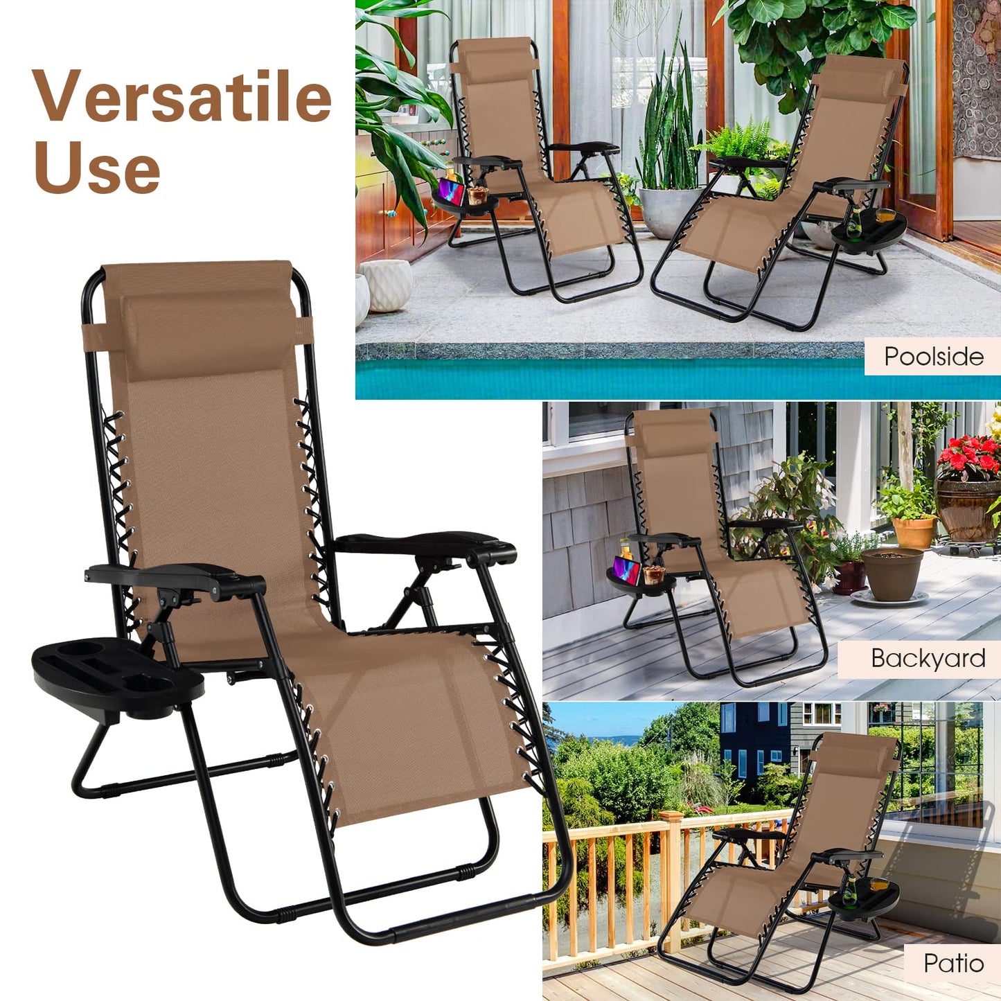 Renatone Folding Zero Gravity Reclining Textilene Lounge Chairs, Outdoor Adjustable Patio w/Pillows & Cup Holder Trays for Backyard, Beach, Poolside (BE)